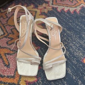 EUC Jessica Simpson Silver Strappy Block Heels 8M